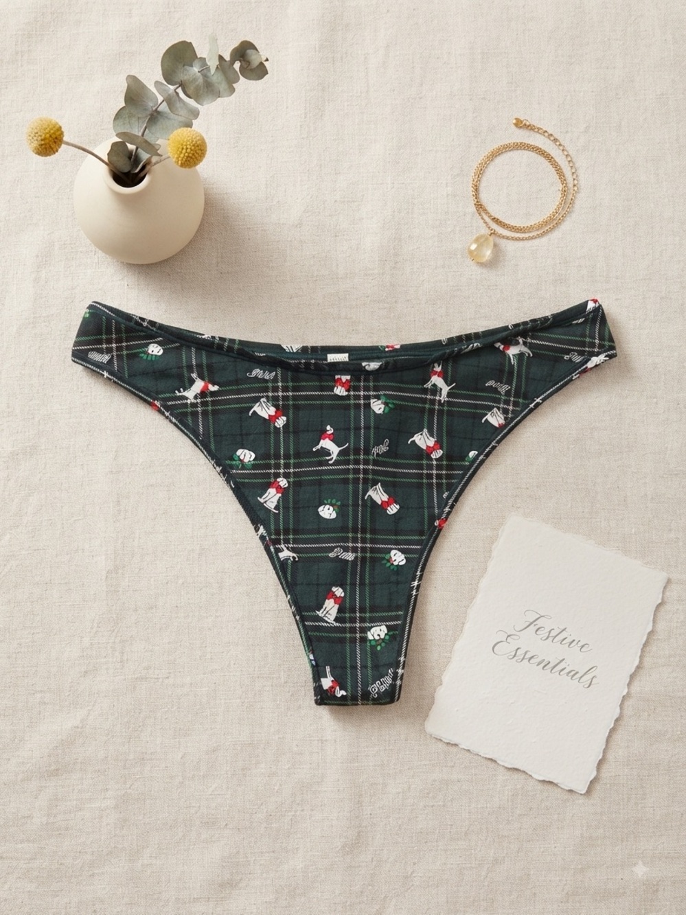 PINK Victoria's Secret Dark Green Plaid Holiday Thong